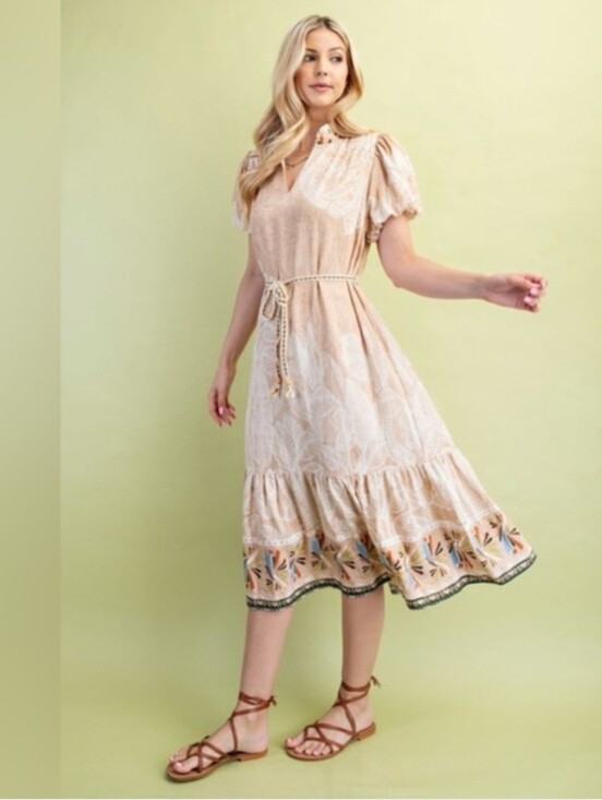 Gigio Dresses & Skirts - GIGIO Bohemian Cream Midi Dress with Flowered Hem Sz M